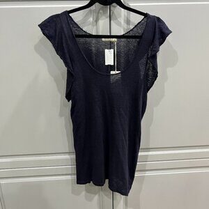Stark Navy Blue Ruffle Sleeve Linen Tee Shirt Sz M